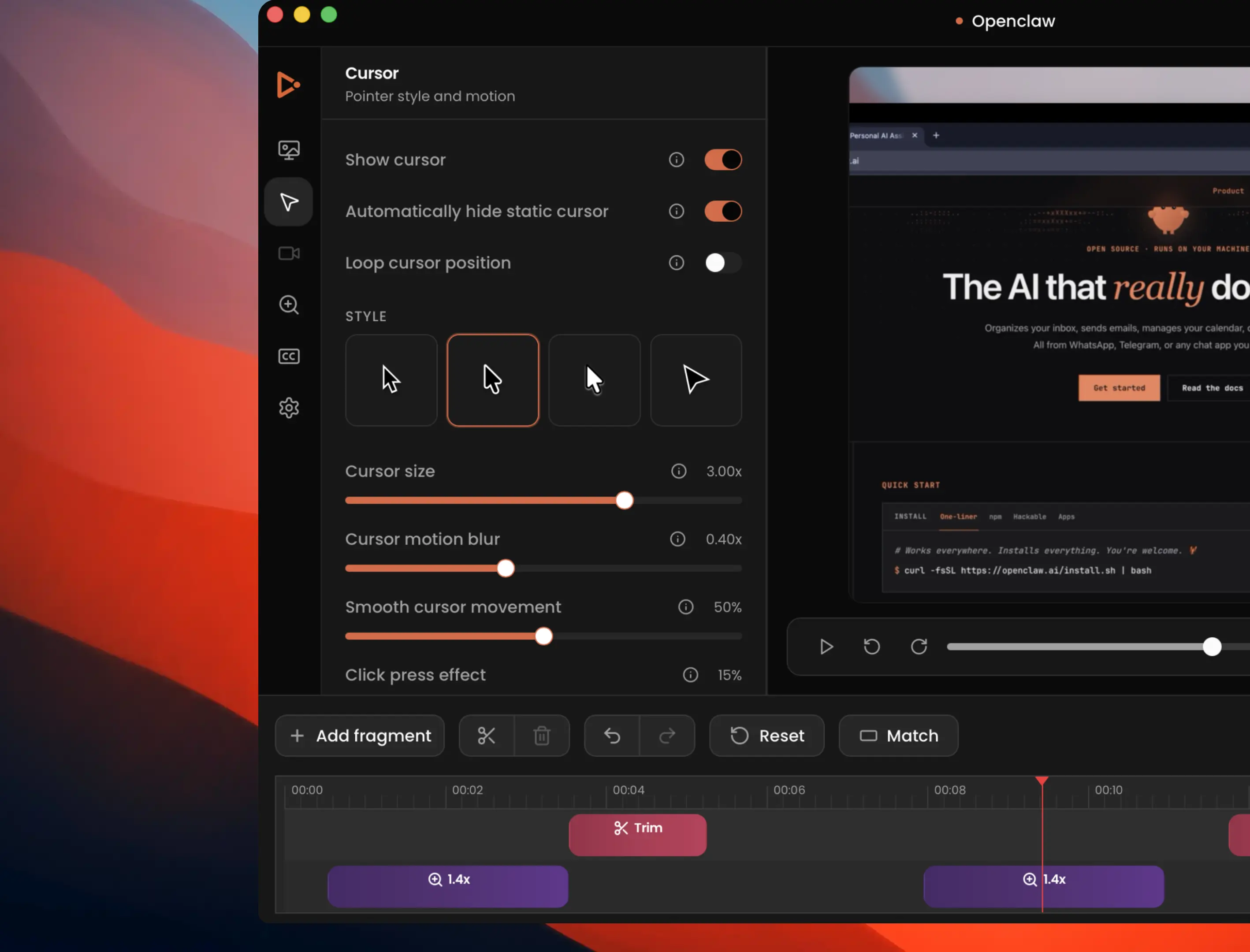 Capptivo cursor and zoom settings panel