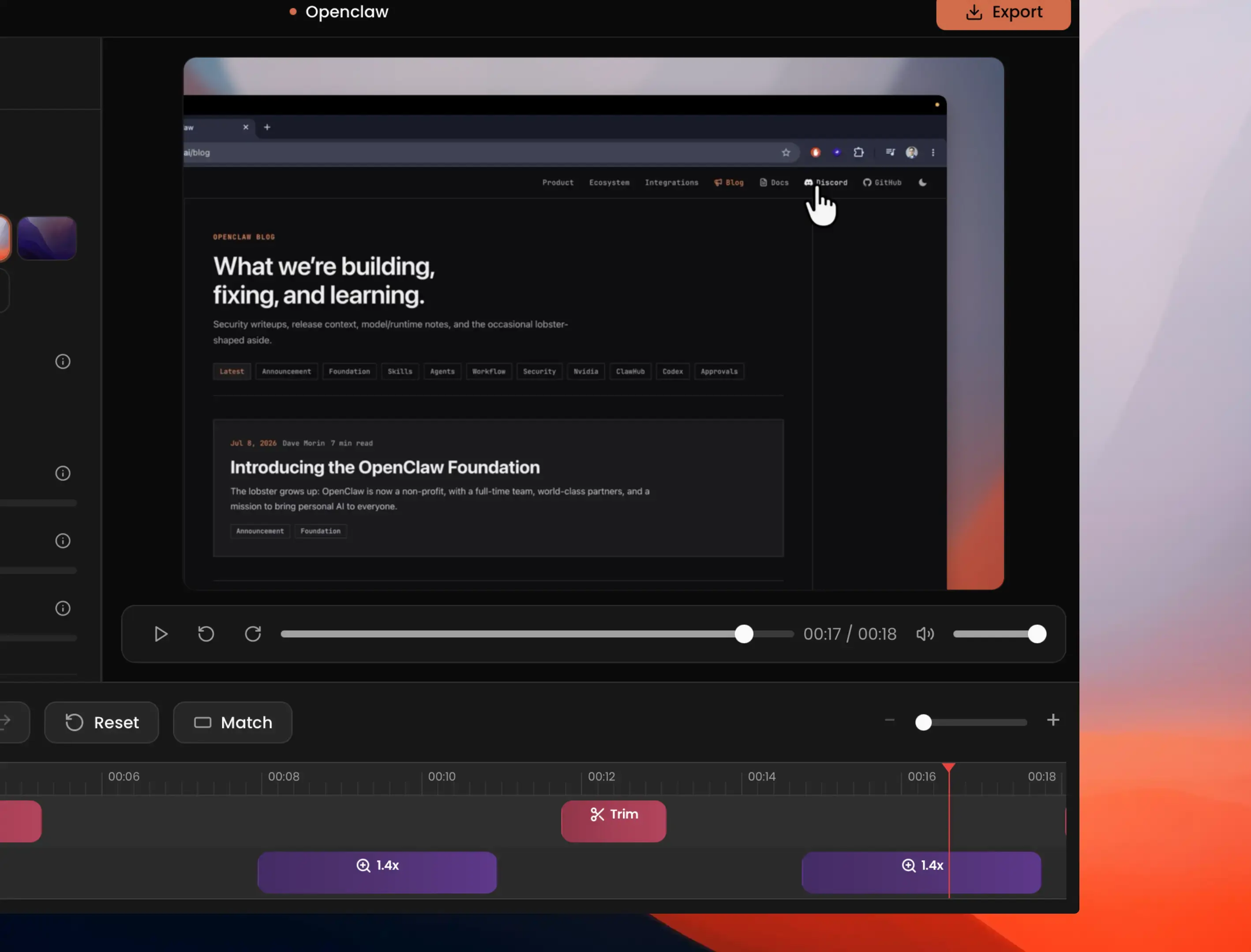 Capptivo timeline with zoom segments and trim controls
